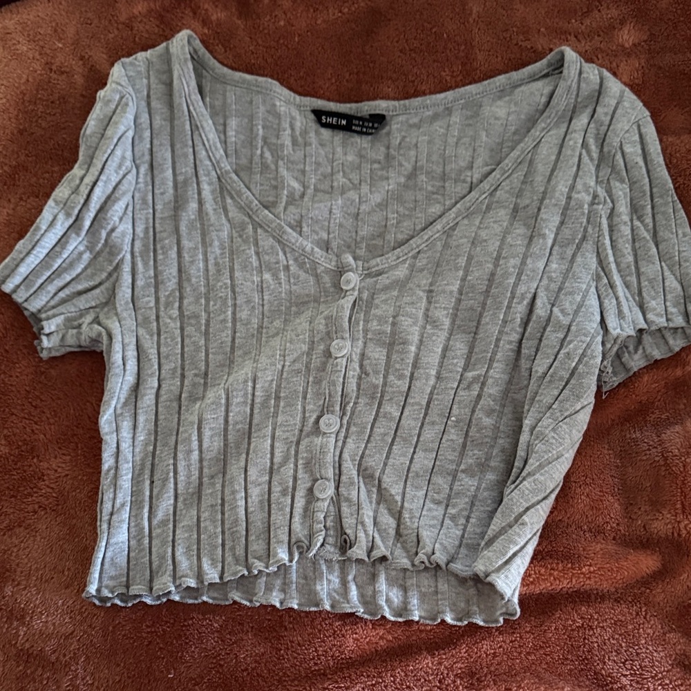 SHEIN Light Gray Ribbed Button-Down Top